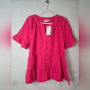 NWT Wonderly Pink Eyelet Button-Down Top Short Sleeve Size Medium